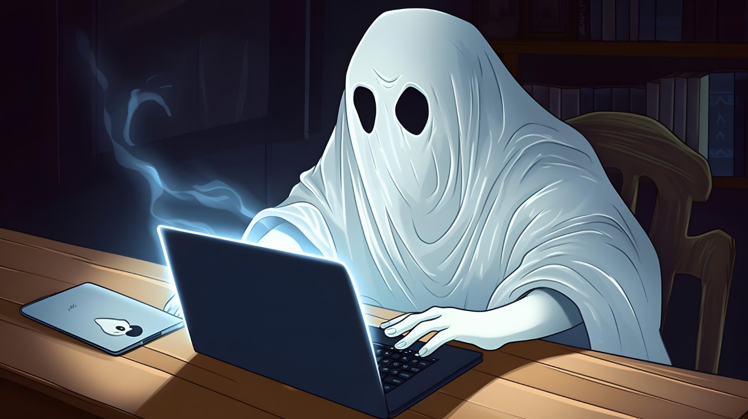 duch siedzi przy laptopie w ciemnym pokoju